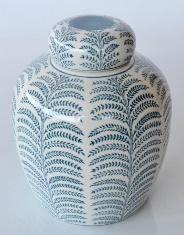 Blue & White Fern Jar With Lid